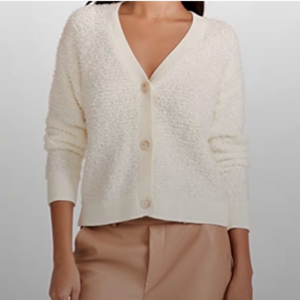 🌟CLUB MONACO🌟 RIBBON YARN V NECK CARDIGAN WHITE SZ M - Picture 1 of 6